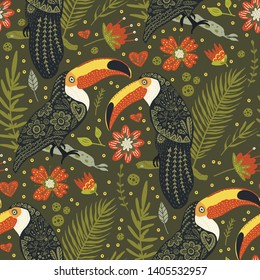 Seamless vector pattern with Tropical Bright Toucan Bird. Folk illustration in Scandinavian style. Summer tropic card.