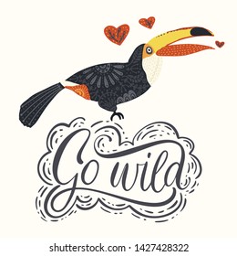 Seamless vector pattern with Tropical Bright Toucan Bird. Folk illustration in Scandinavian style. Summer tropic card. Go wild.
