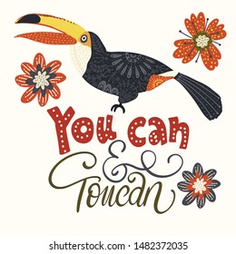 Seamless vector pattern with Tropical Bright Toucan Bird. Folk illustration in Scandinavian style. Summer tropic card.