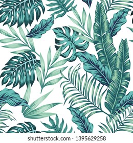 Seamless vector pattern tropical composition exotic blue leaves on the white background. Summer realistic wallpaper