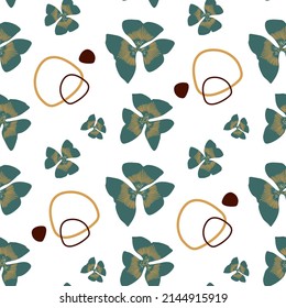 Seamless vector pattern, tropical exotic flower buds in simple flat style with graphic elements abstract circles, lines for interior.For fabric, wallpaper, gift wrapping paper, cover, white background