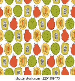 Seamless vector pattern with tropical exotic fruits, mango, papaya, durian, carambola, cute drawn background