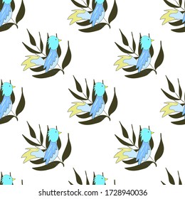 Seamless vector pattern of tropical fairy bird and parrot with leaves on a   white background.  tropical birds in vintage.Design for fabric, textile, weddings, packaging, flower shop, website.