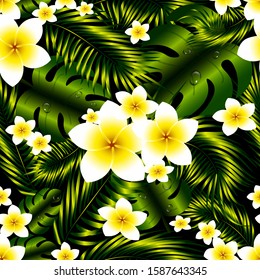 Seamless vector pattern with tropical flowers, palm leaves and monstera on a black background for print, wallpaper, fabric, wrapping paper.