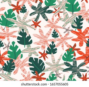 Seamless vector pattern with tropical flowers and leaves. Floral background for fabric or your design. Hand drawn doodle plants.
