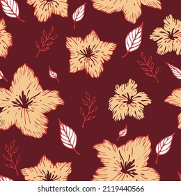 Seamless vector pattern with tropical flowers on red background. Simple lily bloom wallpaper design. Decorative floral fashion textile.