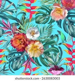 Seamless vector pattern. Tropical pattern. Flowers tropics orchid, plumeria, monstera, palm leaf. Exotic pattern, Hawaiian pattern