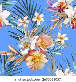 Seamless vector pattern. Tropical pattern. Flowers tropics orchid, plumeria, monstera, palm leaf. Exotic pattern, Hawaiian pattern