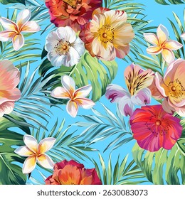 Seamless vector pattern. Tropical pattern. Flowers tropics orchid, plumeria, monstera, palm leaf. Exotic pattern, Hawaiian pattern