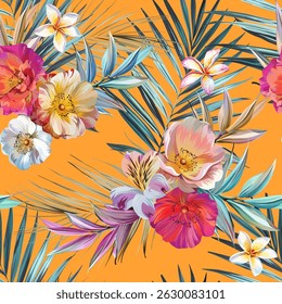 Seamless vector pattern. Tropical pattern. Flowers tropics orchid, plumeria, monstera, palm leaf. Exotic pattern, Hawaiian pattern