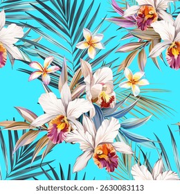 Seamless vector pattern. Tropical pattern. Flowers tropics orchid, plumeria, monstera, palm leaf. Exotic pattern, Hawaiian pattern