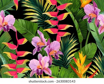Seamless vector pattern. Tropical pattern. Flowers tropics orchid, plumeria, monstera, palm leaf. Exotic pattern, Hawaiian pattern