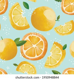 Seamless vector pattern with tropical fresh fruits bright illustration floral lemon lime orange citrus yellow