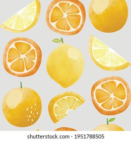 Nahtlose Vektormuster mit tropischen frischen Früchten, helle Illustration floraler ZitronenLimette orangefarbener Zitrusgelb