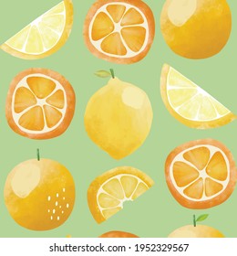 Seamless vector pattern with tropical fresh fruits bright illustration floral lemon lime orange citrus yellow
