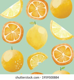 Seamless vector pattern with tropical fresh fruits bright illustration floral lemon lime orange citrus yellow