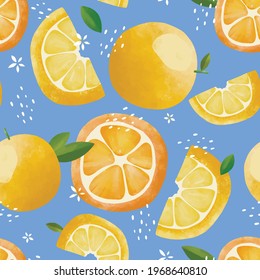 Seamless vector pattern with tropical fresh fruits bright illustration floral lemon lime orange citrus yellow