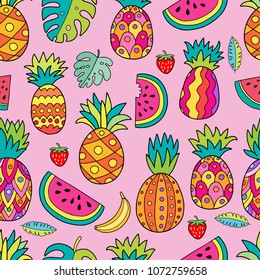 Seamless vector pattern with tropical fruits - pineapple, watermelon, banana, monstera leaves. Lovely hand drawn illustration design for fabric, wallpaper, wrapping paper and background.
