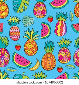 Seamless vector pattern with tropical fruits - pineapple, watermelon, banana, monstera leaves. Lovely hand drawn illustration design for fabric, wallpaper, wrapping paper and background.