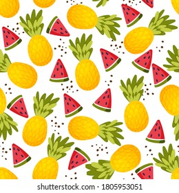 Seamless vector pattern with tropical fruits (pineapple, watermelon)