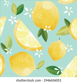 Seamless vector pattern with tropical fruits bright illustration floral lemon lime citrus yellow