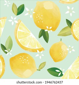 Seamless vector pattern with tropical fruits bright illustration floral lemon lime citrus yellow