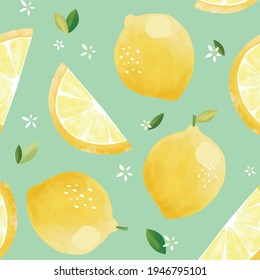 Seamless vector pattern with tropical fruits bright illustration floral lemon lime citrus yellow