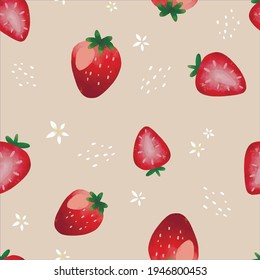 Seamless vector pattern with tropical fruits bright illustration floral strawberry berry red