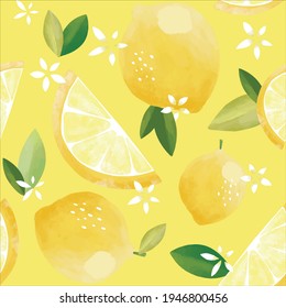 Seamless vector pattern with tropical fruits bright illustration floral lemon lime citrus yellow