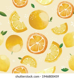 Seamless vector pattern with tropical fruits bright illustration floral lemon lime orange citrus yellow