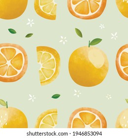 Nahtlose Vektormuster mit tropischen Früchten, helle Illustration floraler ZitronenZitronenLimette orange Zitrusgelb