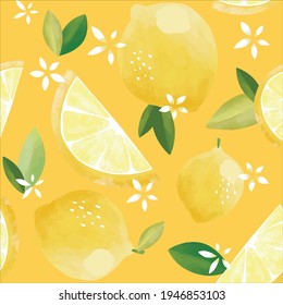 Seamless vector pattern with tropical fruits bright illustration floral lemon lime citrus yellow