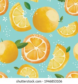 Seamless vector pattern with tropical fruits bright illustration floral lemon lime orange citrus yellow