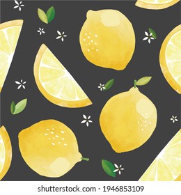 Seamless vector pattern with tropical fruits bright illustration floral lemon lime citrus yellow