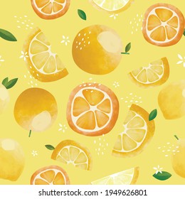 Seamless vector pattern with tropical fruits bright illustration floral lemon lime orange citrus yellow