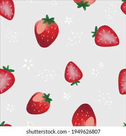 Seamless vector pattern with tropical fruits bright illustration floral strawberry berry red