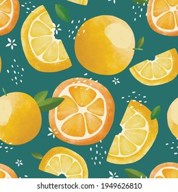 Seamless vector pattern with tropical fruits bright illustration floral lemon lime orange citrus yellow