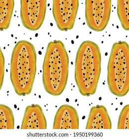 Seamless vector pattern with tropical fruits bright illustration floral half papaya yellow