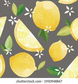 Seamless vector pattern with tropical fruits bright illustration floral lemon lime citrus yellow