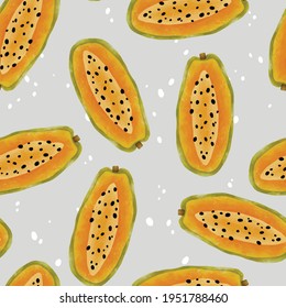 Seamless vector pattern with tropical fruits bright illustration floral yellow papaya