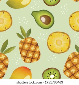 Nahtlose Vektormuster mit tropischen Früchten, helle Illustration Blumenananas avocado