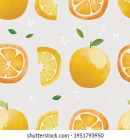 Seamless vector pattern with tropical fruits bright illustration floral lemon lime orange citrus yellow