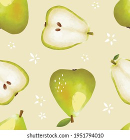 Seamless vector pattern with tropical fruits bright illustration floral apple pear