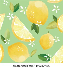 Seamless vector pattern with tropical fruits bright illustration floral lemon lime orange citrus yellow