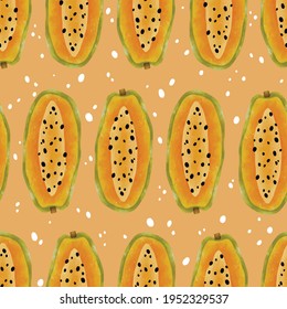 Nahtlose Vektormuster mit tropischen Früchten, helle Illustration florale Halbpapaya-Gelb
