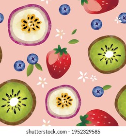 Patrón vectorial sin foco con frutas tropicales ilustración brillante bayas florales kiwi fresa frutilla de la pasión