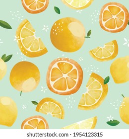 Patrón vectorial sin foco con frutos tropicales ilustración brillante lima de limón floral cítrico naranja amarillo