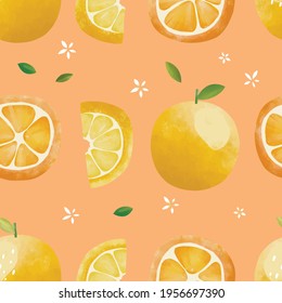 Seamless vector pattern with tropical fruits bright illustration floral lemon lime orange citrus yellow