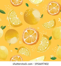 Seamless vector pattern with tropical fruits bright illustration floral lemon lime orange citrus yellow