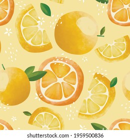 Seamless vector pattern with tropical fruits bright illustration floral lemon lime orange citrus yellow